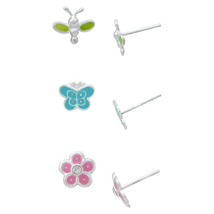 Target Girls' Sterling Silver 3 Pr Butterfly Stud Earring Set-yellow/green/pink, Silver/green/pink/blue