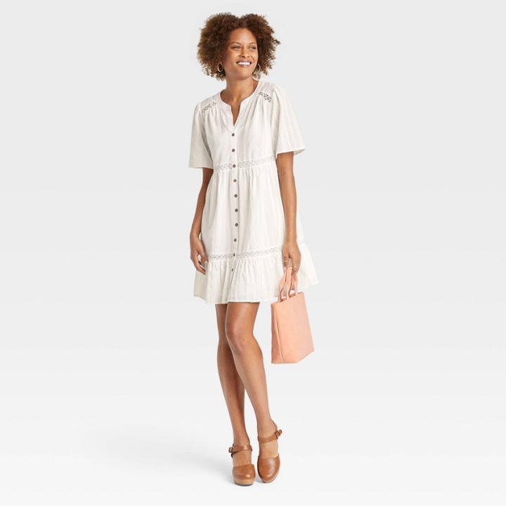 Women's Short Sleeve Lattice Detail Dress - Knox Rose White