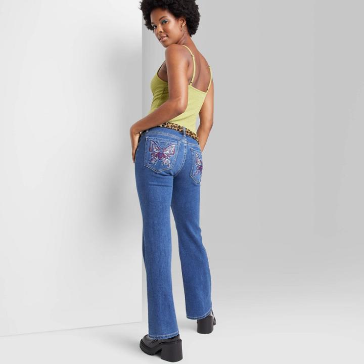 Women's Low-rise Embroidered Pocket Flare Jeans - Wild Fable Dark Wash