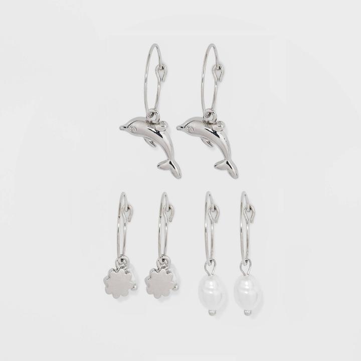 Dolphin Flower And Pearl Hoop Earring Set 3pc - Wild Fable Dark