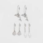 Dolphin Flower And Pearl Hoop Earring Set 3pc - Wild Fable Dark