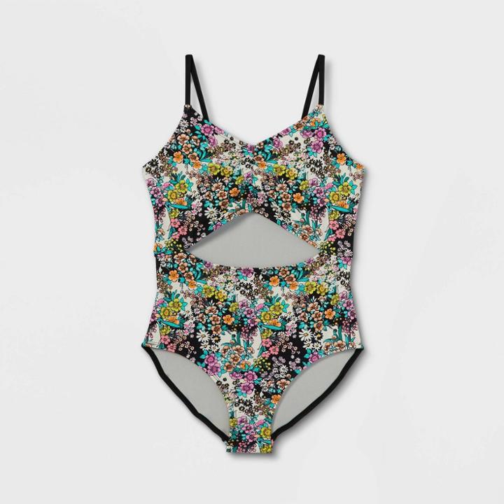 Girls' Floral Print One Piece Swimsuit - Art Class Black