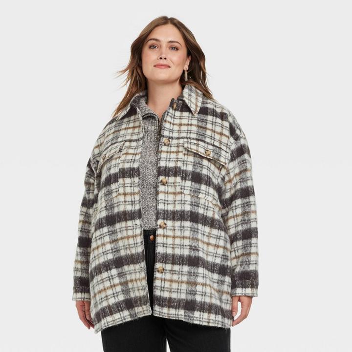 Women's Plus Size Brushed Shirt Jacket - Universal Thread Brown Plaid