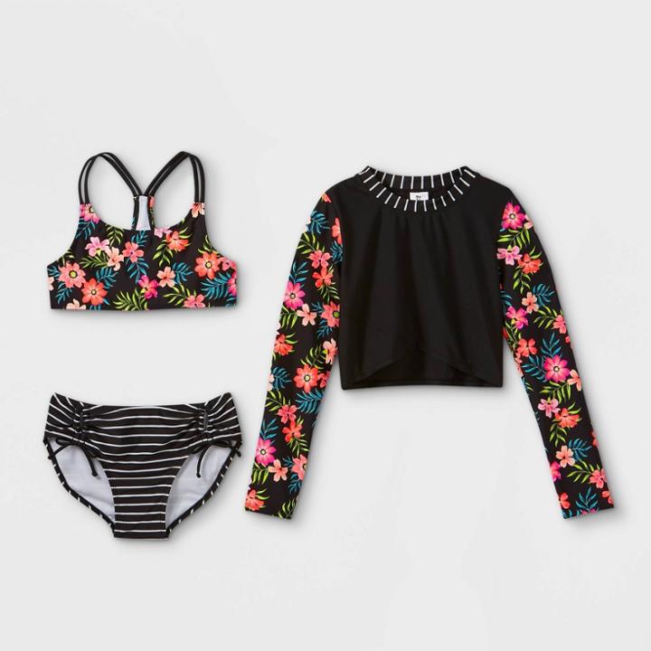 Girls' Floral And Striped 3pc Bikini Set With Rash Guard - Art Class Black