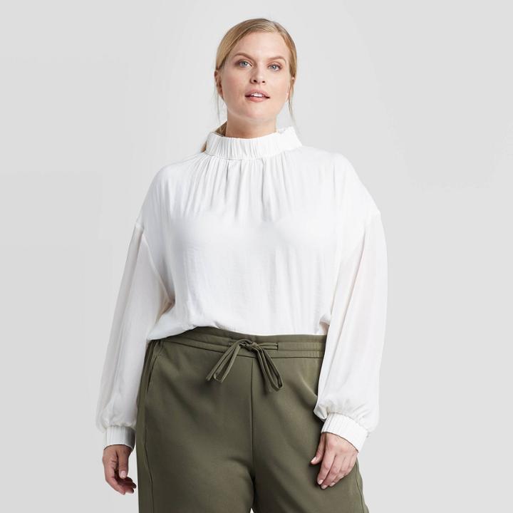 Women's Plus Size Long Sleeve High Neck Mixed Media Top - Prologue White 1x, Women's,
