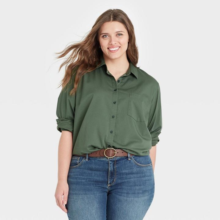 Women's Plus Size Long Sleeve Button-down Shirt - Universal Thread Olive Green