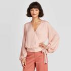 Women's Balloon Long Sleeve Wrap Top - A New Day Pink