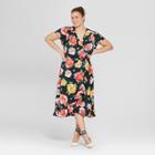 Women's Plus Size Floral Print Short Flutter Sleeve Wrap Midi Dress - Who What Wear Black/pink X, Black/pink Floral