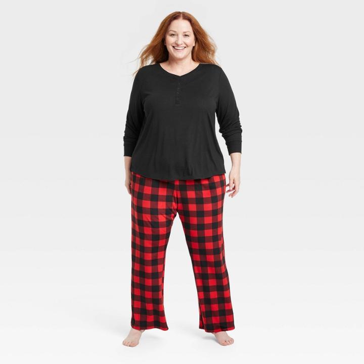 Women's Plus Size Henley Top And Pants Pajama Set - Stars Above Dark Red