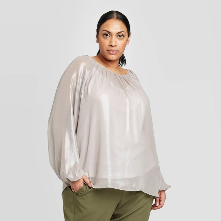 Women's Plus Size Bishop Long Sleeve Keyhole Shirred Tie Neck Blouse - Prologue Gray 1x, Women's, Size: