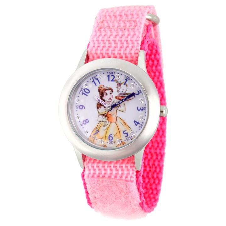 Girls' Disney Princess Belle And Mrs. Potts Stainless Steel Time Teacher Glitz Watch - Pink, Girl's