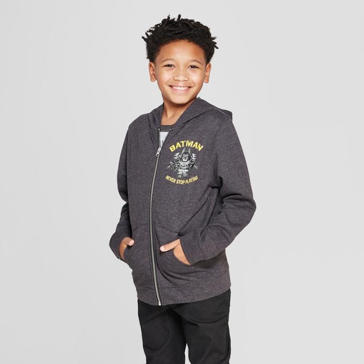 Boys' The Lego Movie 2 Batman Long Sleeve Zip-up Hoodie - Charcoal Heather