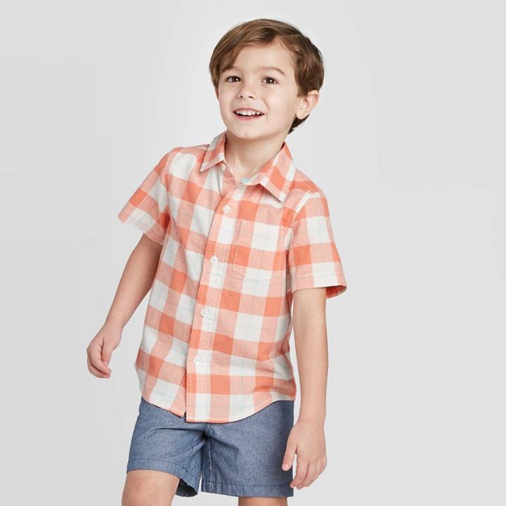 Petitetoddler Boys' Short Sleeve Woven Plaid Button-down Shirt - Cat & Jack Almond Cream 12m, Toddler Boy's, Orange