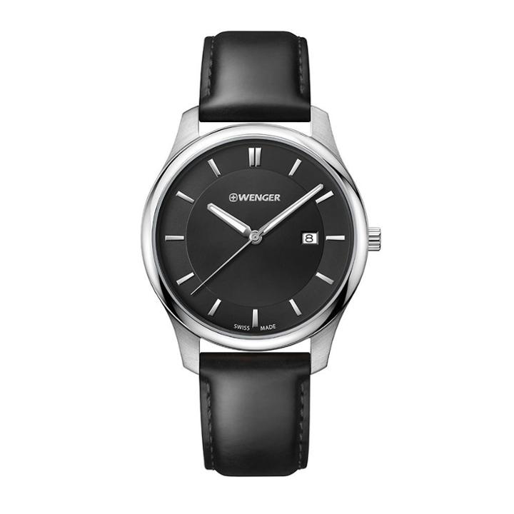 Men's Wenger City Classic - Swiss Made - Black Dial Leather Strap Watch - Black