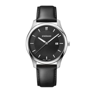 Men's Wenger City Classic - Swiss Made - Black Dial Leather Strap Watch - Black