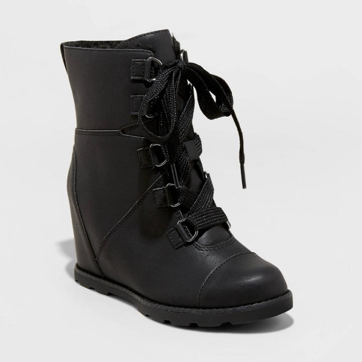 Women's Katherine Faux Leather Lace-up Wedge Boots - Universal Thread Black