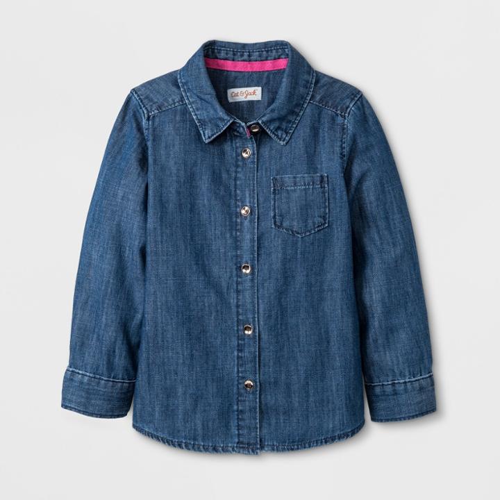 Toddler Girls' Button-down Long Sleeve Shirt - Cat & Jack Denim Wash 12m, Girl's, Blue