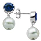 Prime Art & Jewel Sterling Silver Genuine White Pearl And Bezel Set Lab Created Blue Sapphire Post Earrings, Girl's, Silver/blue