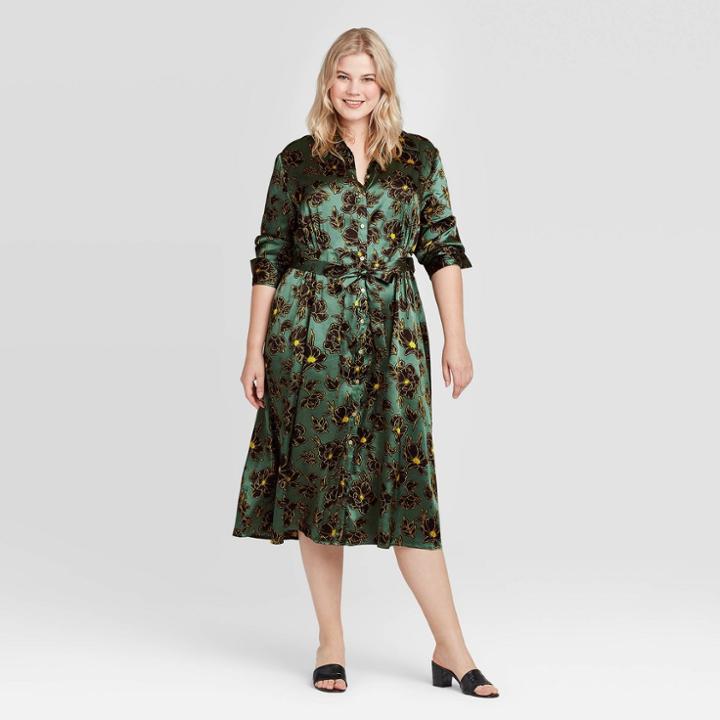 Women's Plus Size Floral Print Long Sleeve Collared Silky Midi Shirtdress - Who What Wear Green 1x, Women's,