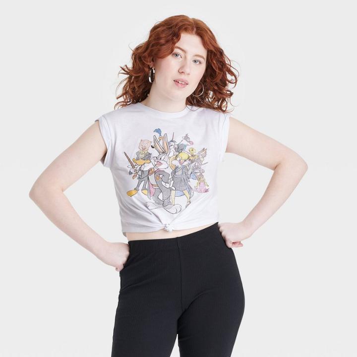 Warner Bros. Women's Looney Tunes Tie-front Short Sleeve Graphic Baby T-shirt - White