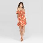 Women's Floral Print Short Sleeve Square Neck Smocked Top Dress - Xhilaration Orange