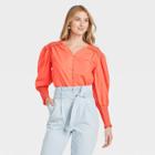 Women's Long Sleeve Smocked Poplin Top - A New Day Coral