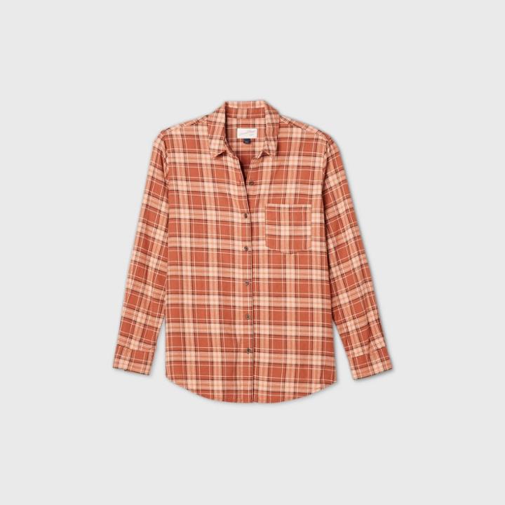 Women's Plaid Long Sleeve Button-down Shirt - Universal Thread Brown