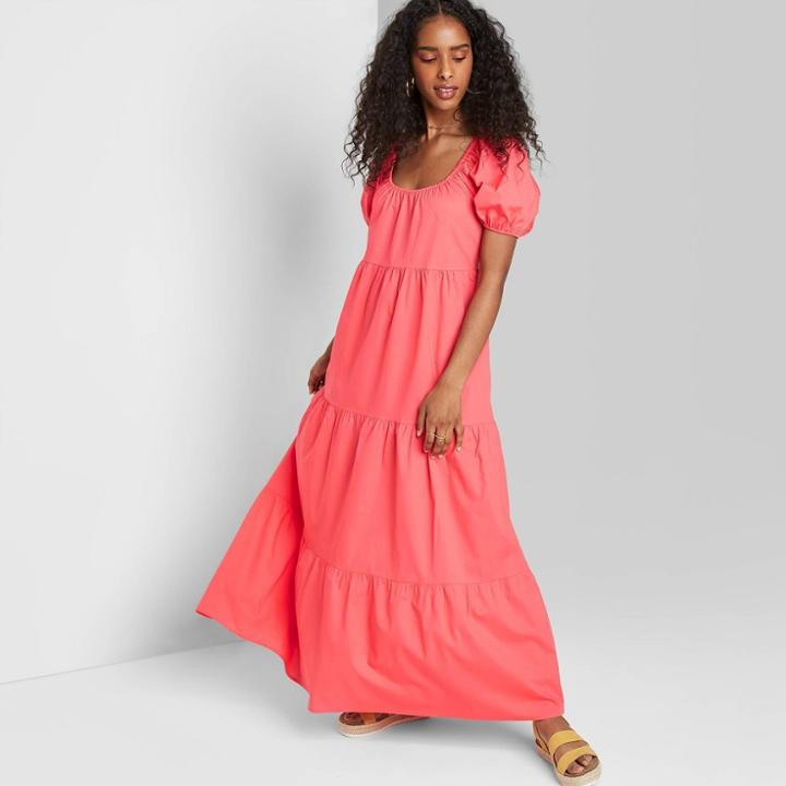 Women's Short Sleeve Tiered Poplin Maxi Dress - Wild Fable Coral Xs, Women's, Pink
