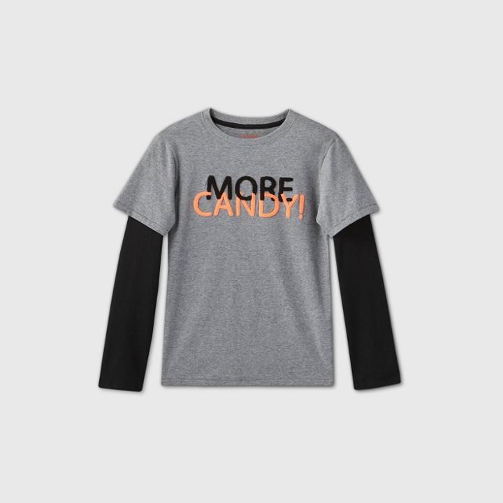 Boys' Halloween Long Sleeve 'more Candy' Graphic T-shirt - Cat & Jack Gray/black