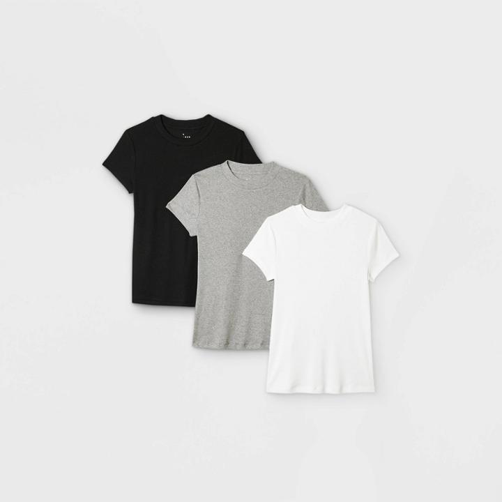 Women's Short Sleeve Ribbed 3pk Bundle T-shirt - A New Day Black/white/gray