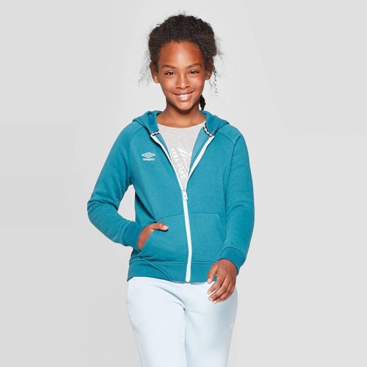 Umbro Girls' Tulip Back Fleece Full Zip Hoodie - Jade Green Xl, Girl's, Green Green