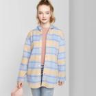 Women's Plaid Long Sleeve Hooded Snap Front Shirt Jacket - Wild Fable Blue/tan