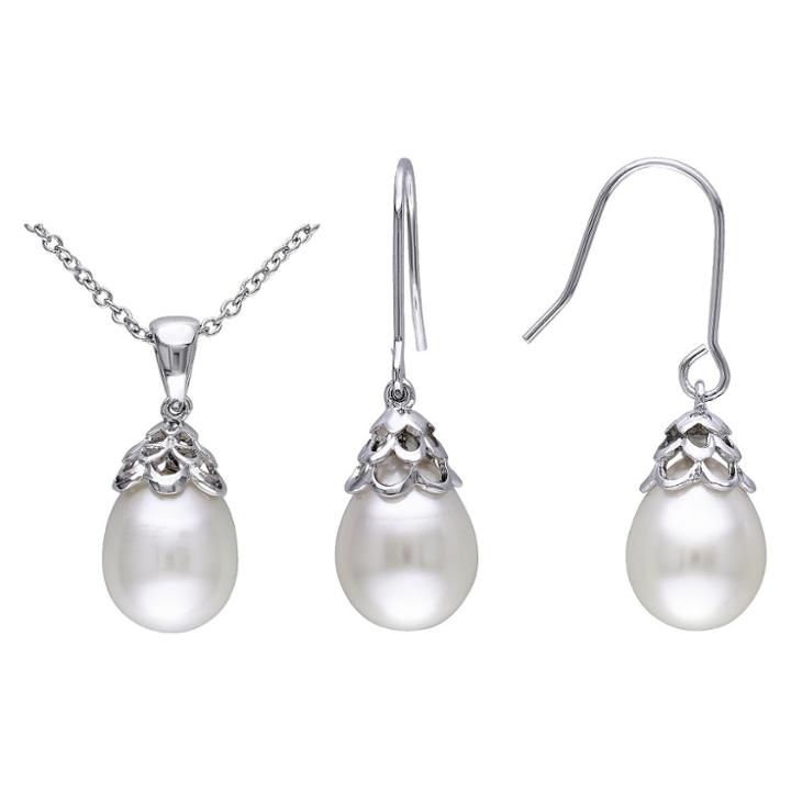 Target 9-10mm Freshwater Cultured White Rice Pearl Hook Earrings And Pendant Necklace In Sterling