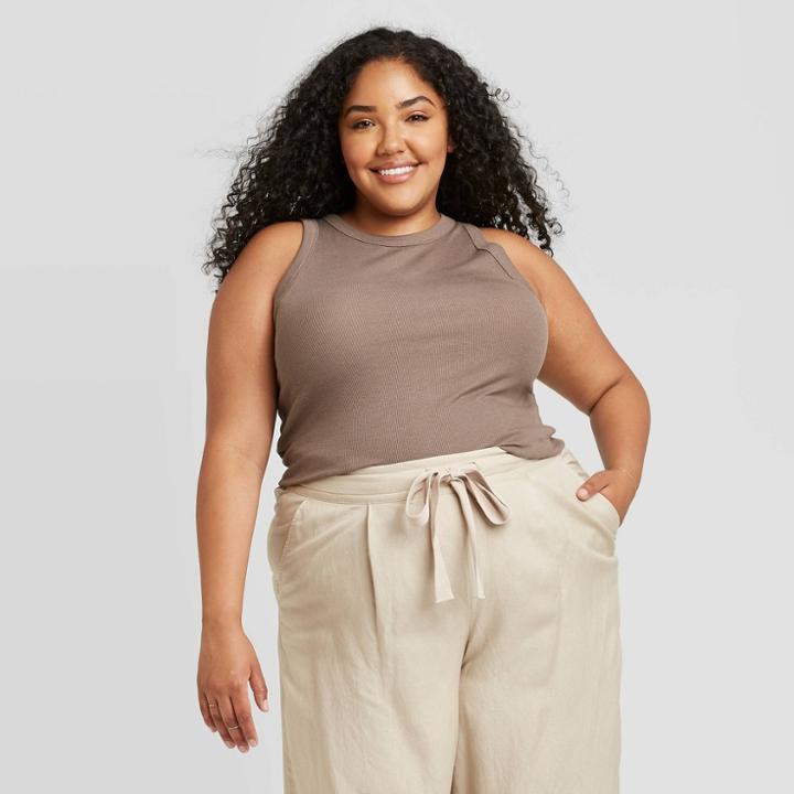 Women's Plus Size Rib Layer Tank Top - A New Day Brown