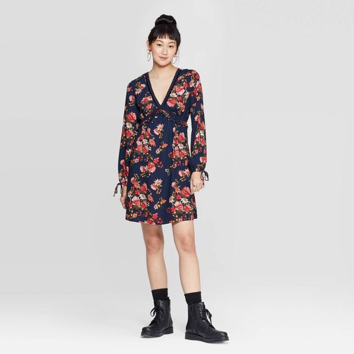 Women's Floral Print Long Sleeve Deep V-neck Lace Trim Dress - Xhilaration Navy Xs, Women's, Blue