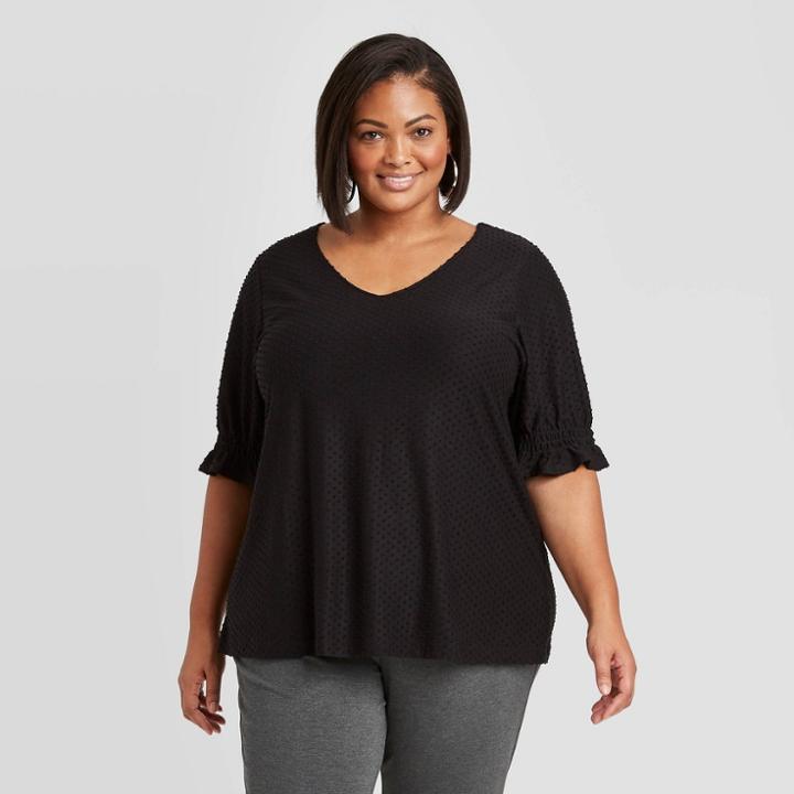 Women's Plus Size Ruffle Short Sleeve Swiss Dot Blouse - Ava & Viv Black X