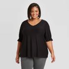 Women's Plus Size Ruffle Short Sleeve Swiss Dot Blouse - Ava & Viv Black X
