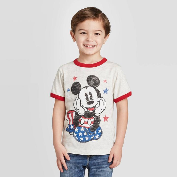 Toddler Boys' Americana Mickey Mouse T-shirt - Oatmeal Heather 12m, Boy's, Beige