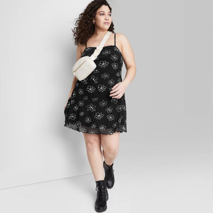 Women's Plus Size Sleeveless Mesh Seamed Skater Dress - Wild Fable Black Floral