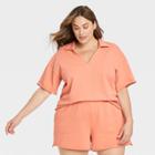 Women's Plus Size Short Sleeve Collared French Terry Polo T-shirt - Universal Thread Peach Orange