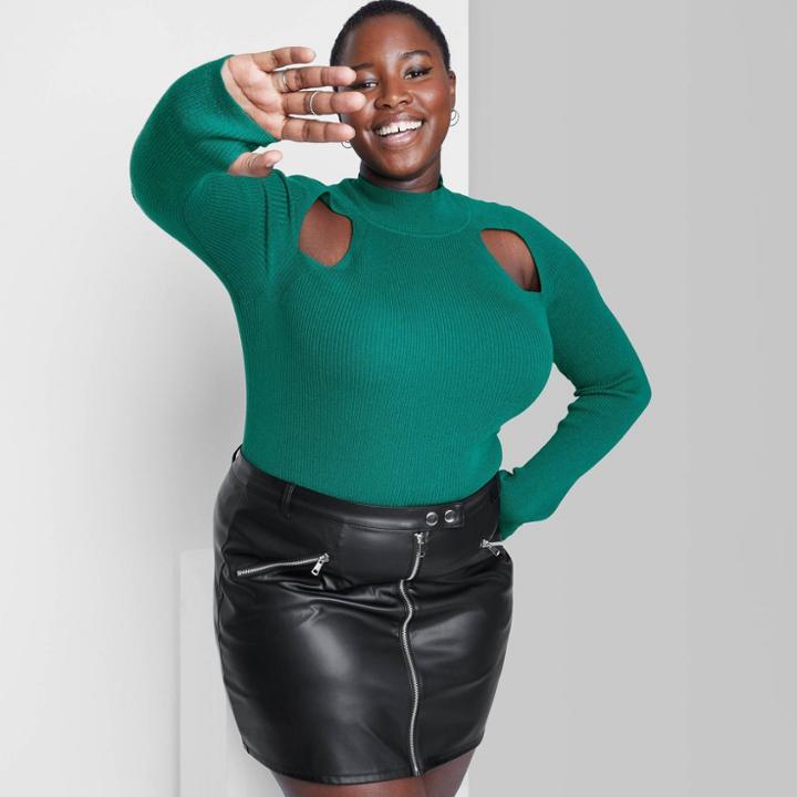 Women's Plus Size Mock Turtleneck Fitted Cut Out Pullover Sweater - Wild Fable Dark Teal Green