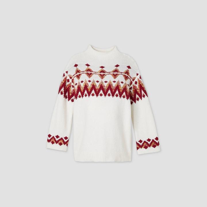 Maternity Printed Mock Turtleneck Fair Isle Pullover Sweater - Isabel Maternity By Ingrid & Isabel White/pink