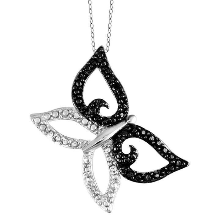 Distributed By Target Women's Sterling Silver Accent Round-cut Black And White Diamond Prong Set Butterfly Pendant - White