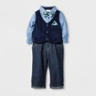 Baby Grand Signature Baby Boys' Plaid Creeper Vest And Denim Pants Suit Set - Blue