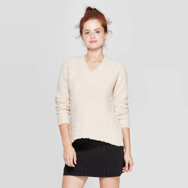 Women's Long Sleeve Ribbed Cuff V-neck Boucle Pullover Sweater - Universal Thread Cream L, Size: