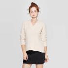 Women's Long Sleeve Ribbed Cuff V-neck Boucle Pullover Sweater - Universal Thread Cream L, Size: