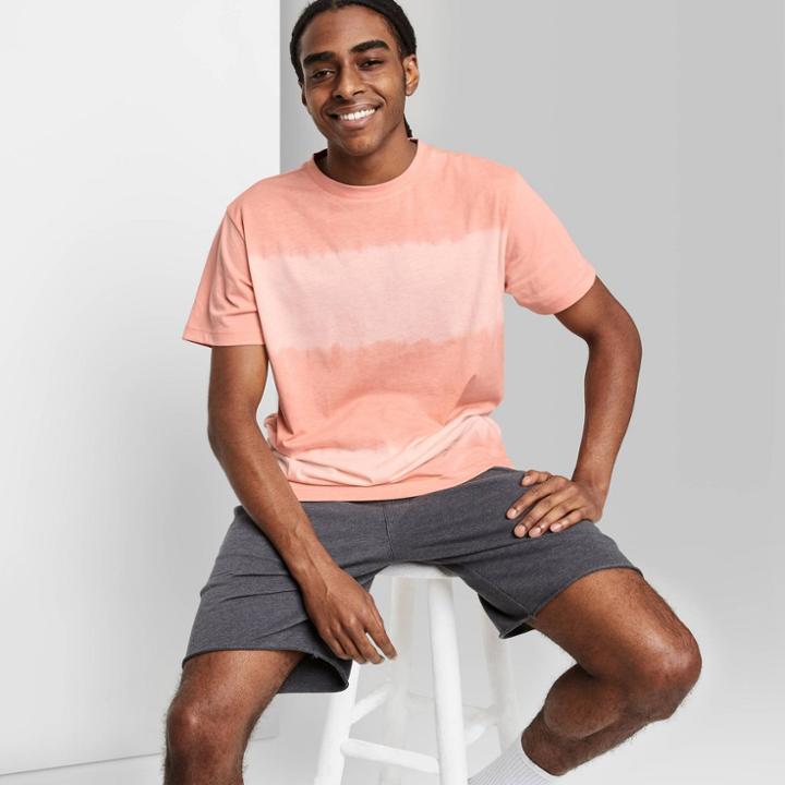 Men's Striped Rolled Collar Knit T-shirt - Original Use Pink