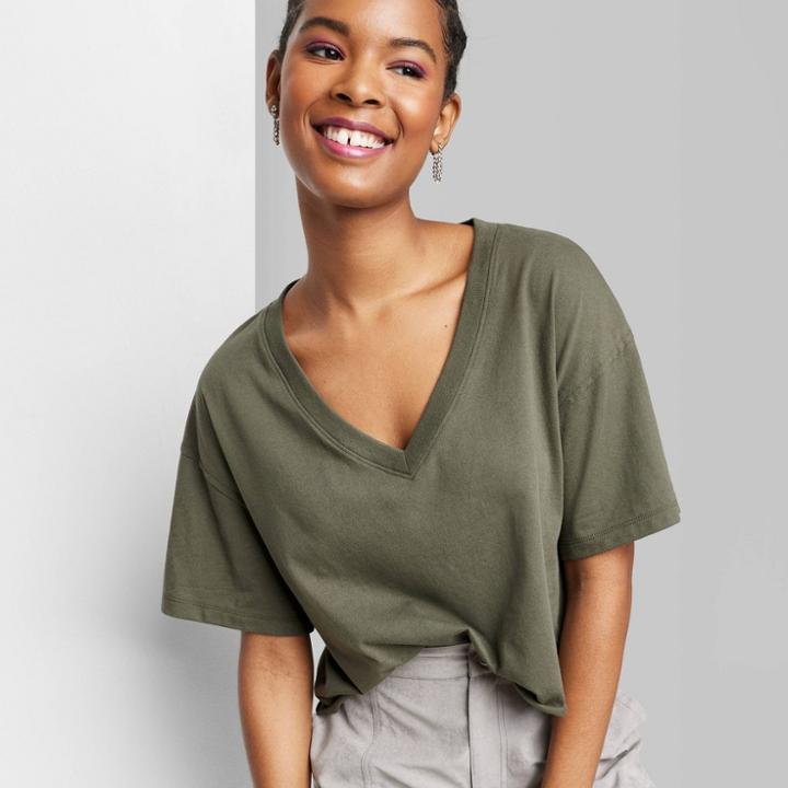 Women's Short Sleeve Relaxed Fit V-neck Cropped T-shirt - Wild Fable Olive Green Xxs