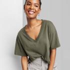 Women's Short Sleeve Relaxed Fit V-neck Cropped T-shirt - Wild Fable Olive Green Xxs