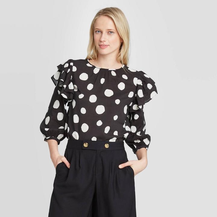 Women's Polka Dot 3/4 Sleeve Blouse - Who What Wear Black/white